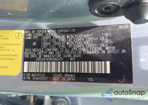 2008 Toyota Highlander from USA, damaged, VIN JTEES41A982080439